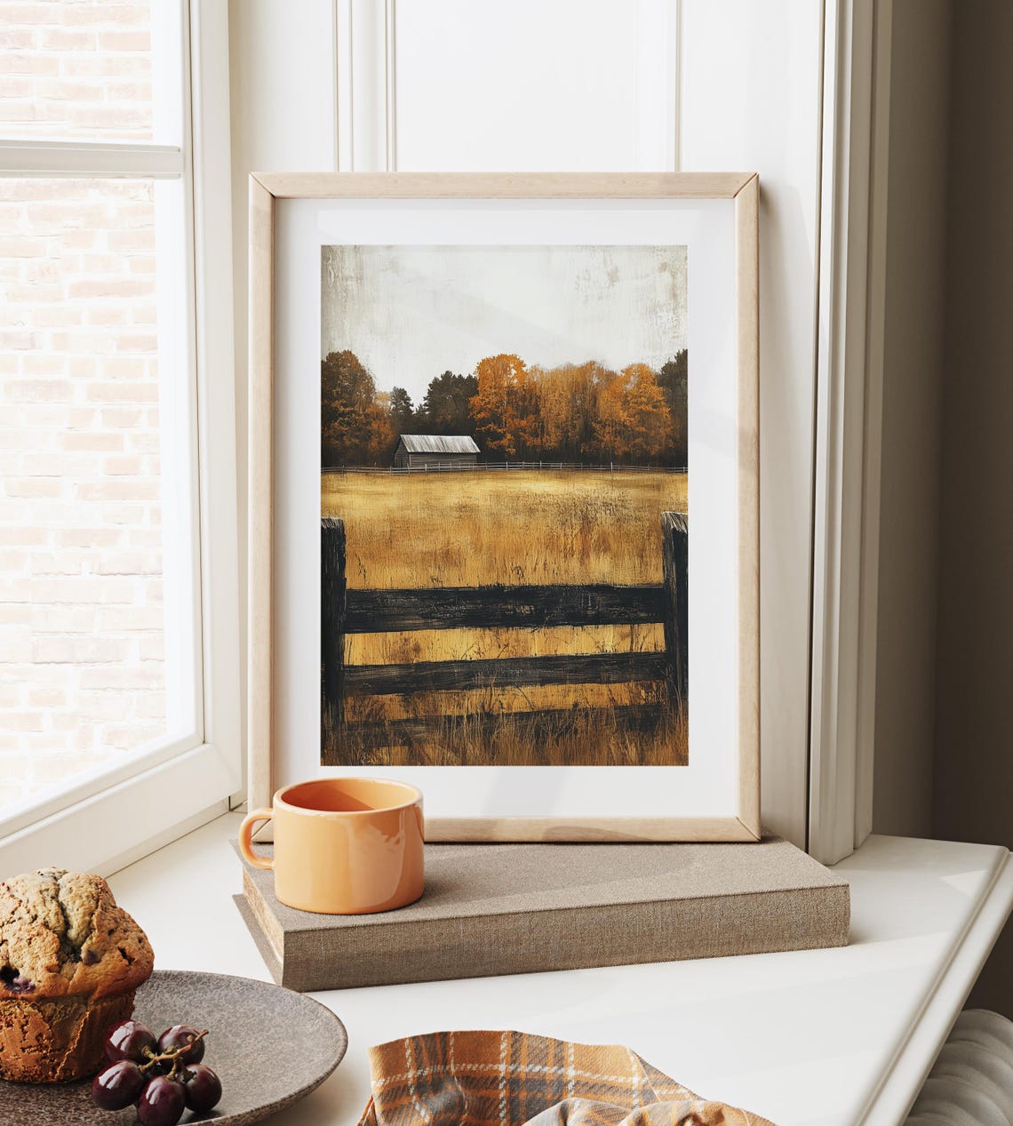 Rustic Old Barn Behind Dark Wooden Fence in Golden Field Poster - Image 6