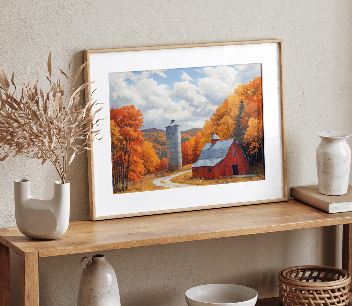 Red Barn Silo Autumn Country Road Fall Farm Landscape Wall Art - Image 4