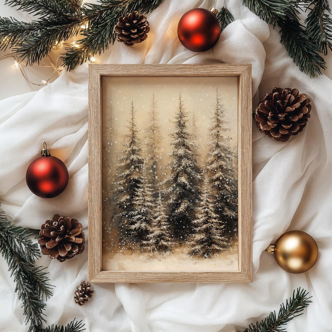 Snowy Pine Grove With Frost Scatter, Christmas Scene Art Print - Image 4