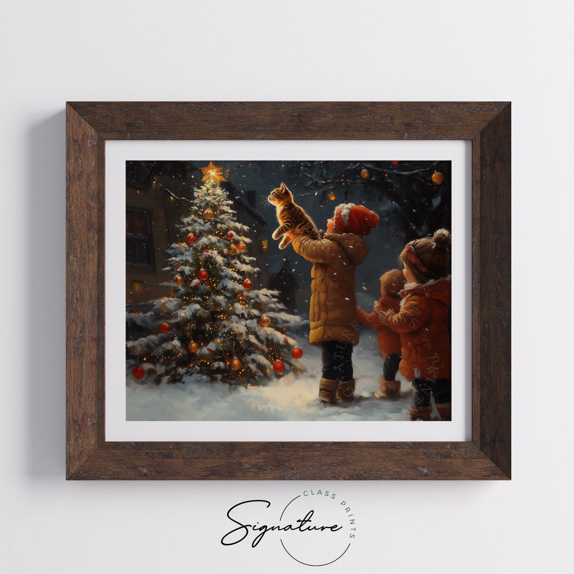 Child Holding A Kitten Up To A Snowy Christmas Tree At Night Poster - Image 5