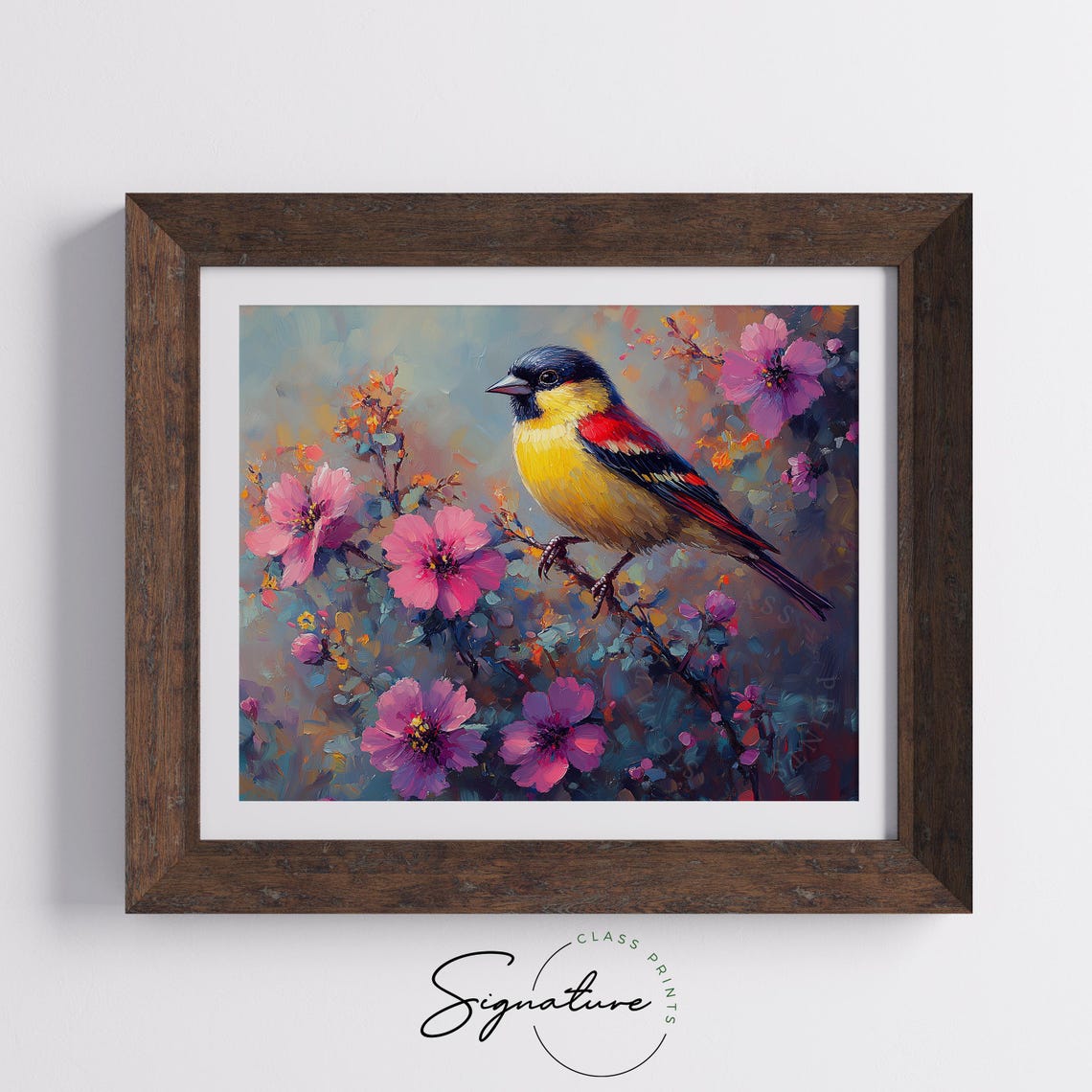 Colorful Songbird Perched On Pink Blossoms Vibrant Floral Wall Art - Image 5