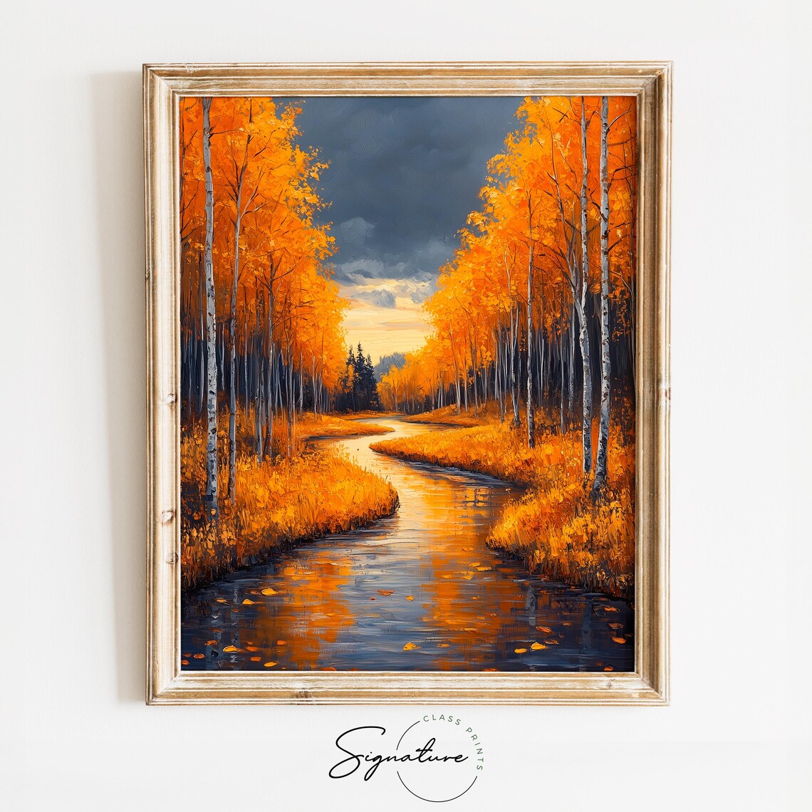 Birch Forest River Painting Golden Autumn Stormy Sky Fall Landscape Poster