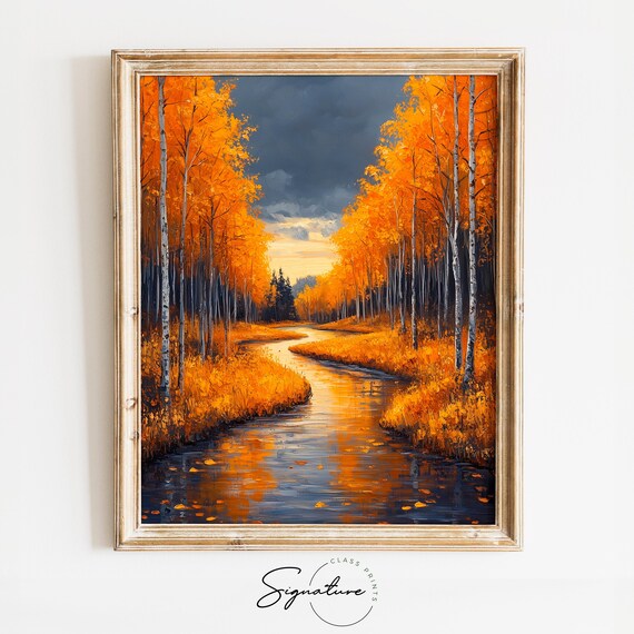 Birch Forest River Painting Golden Autumn Stormy Sky Fall Landscape Poster