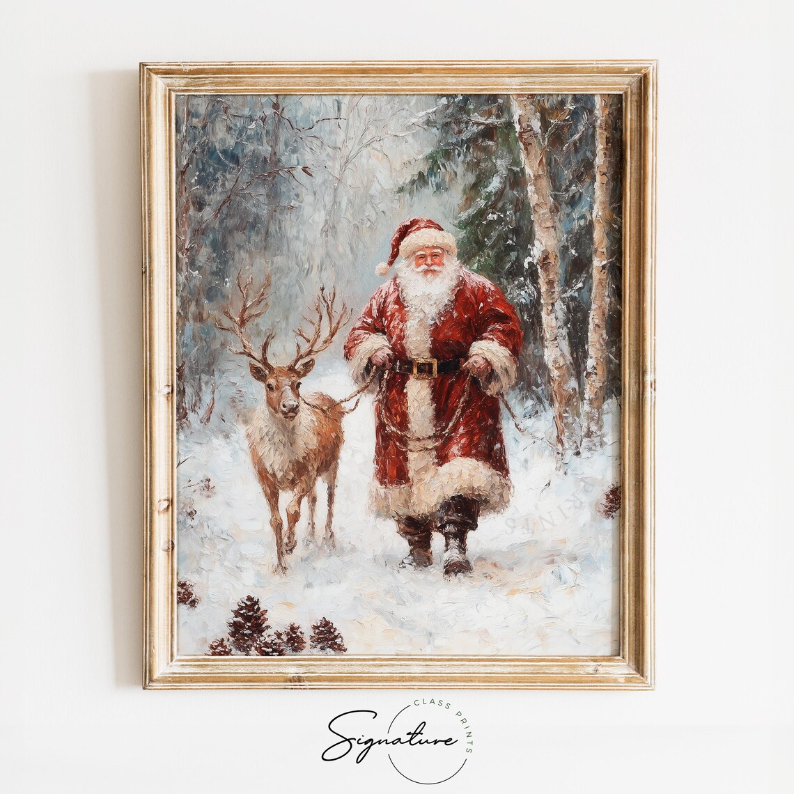 Santa Claus Walking with Reindeer in Snowy Woods Christmas Print