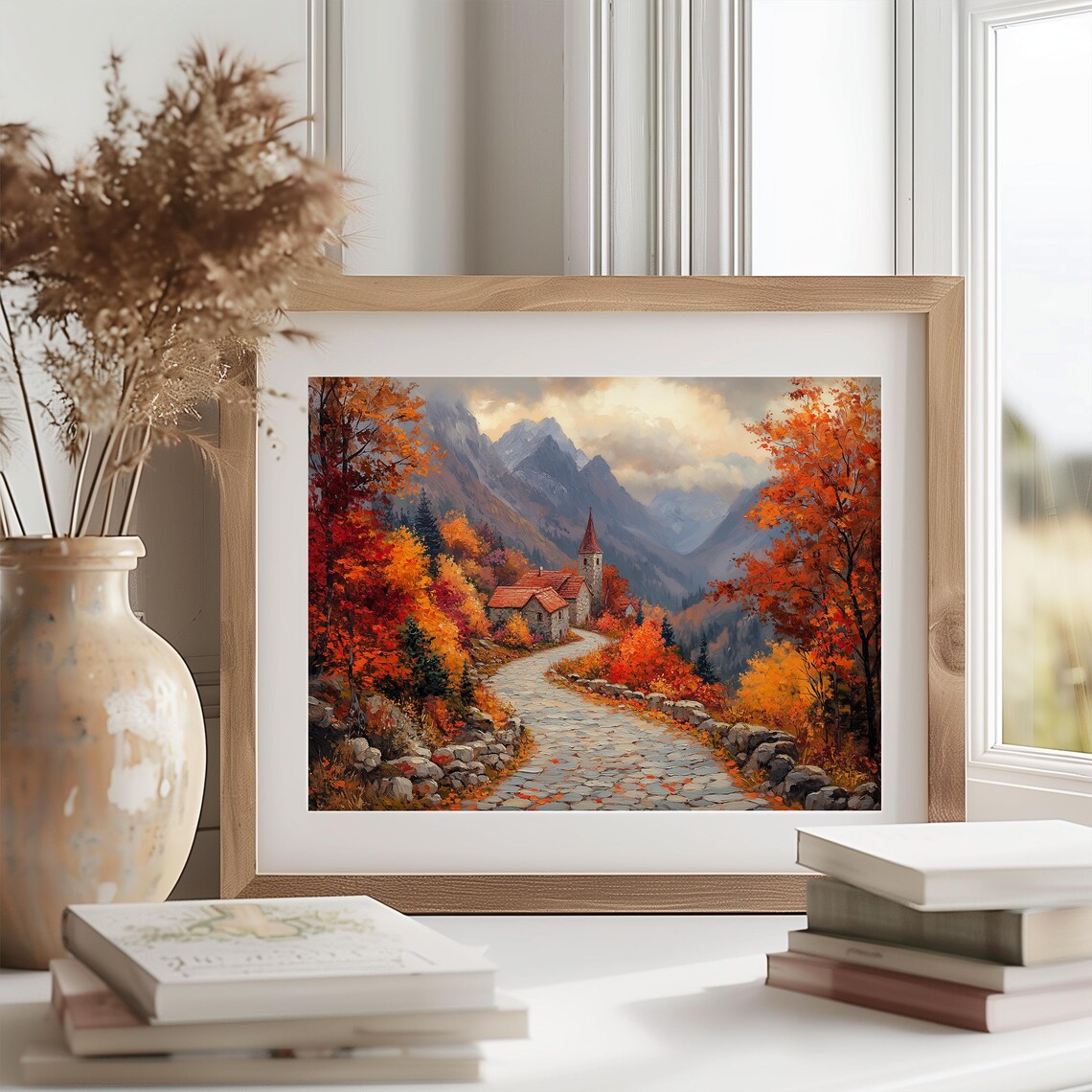 Alpine Village Chapel on Winding Cobblestone Road in Autumn Splendor Wall Art - Image 2