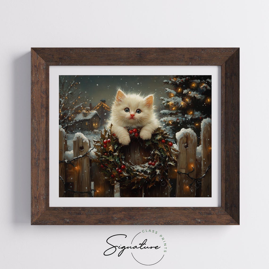 Fluffy White Kitten On A Holly Wreath At Night Winter Christmas Poster - Image 5