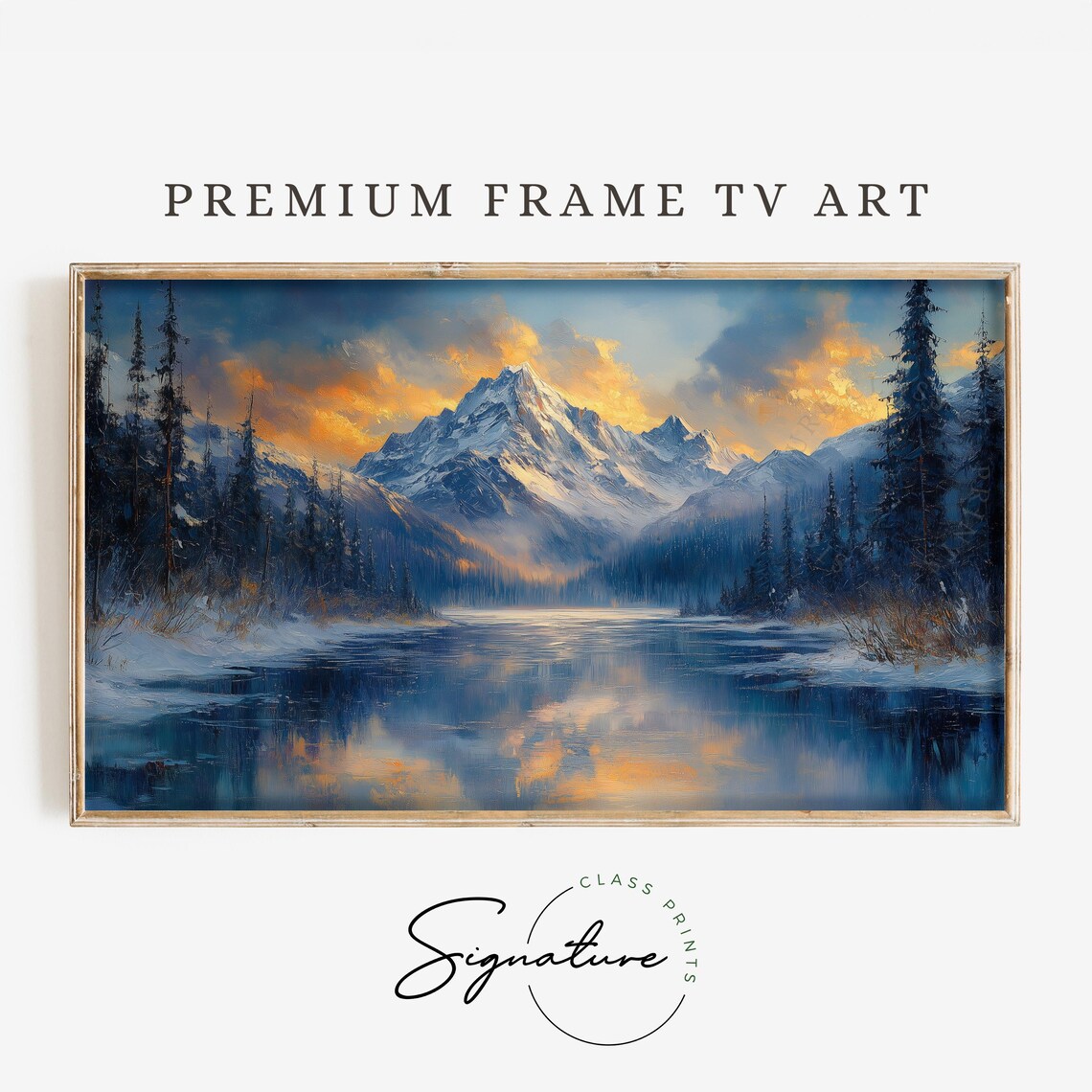 Majestic Snowy Mountain Golden Sunset Lake Reflection Dramatic Clouds Poster