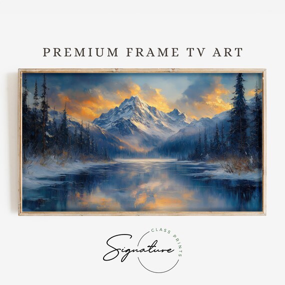 Majestic Snowy Mountain Golden Sunset Lake Reflection Dramatic Clouds Poster