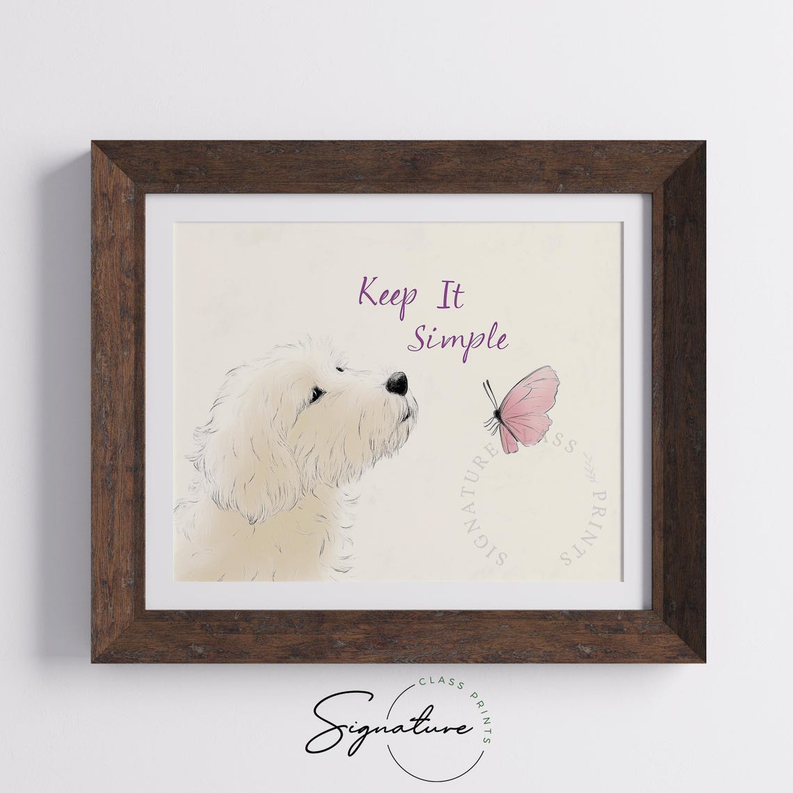 Keep It Simple Fluffy White Dog Pink Butterfly Calm Minimal Wall Art - Image 5