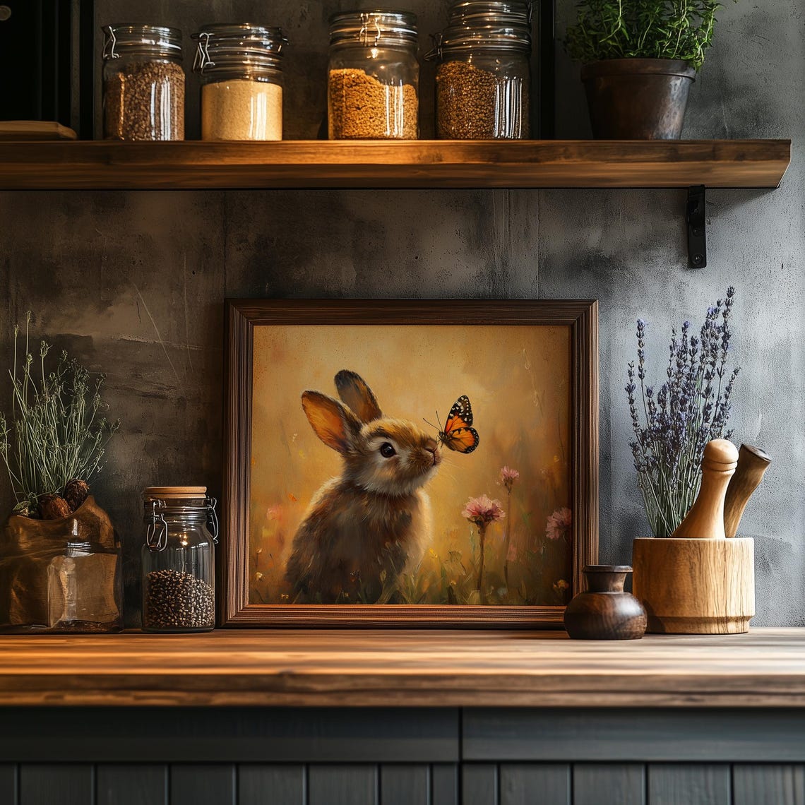 Bunny with Butterfly on Nose Golden Hour Spring Meadow Art Poster - Image 2