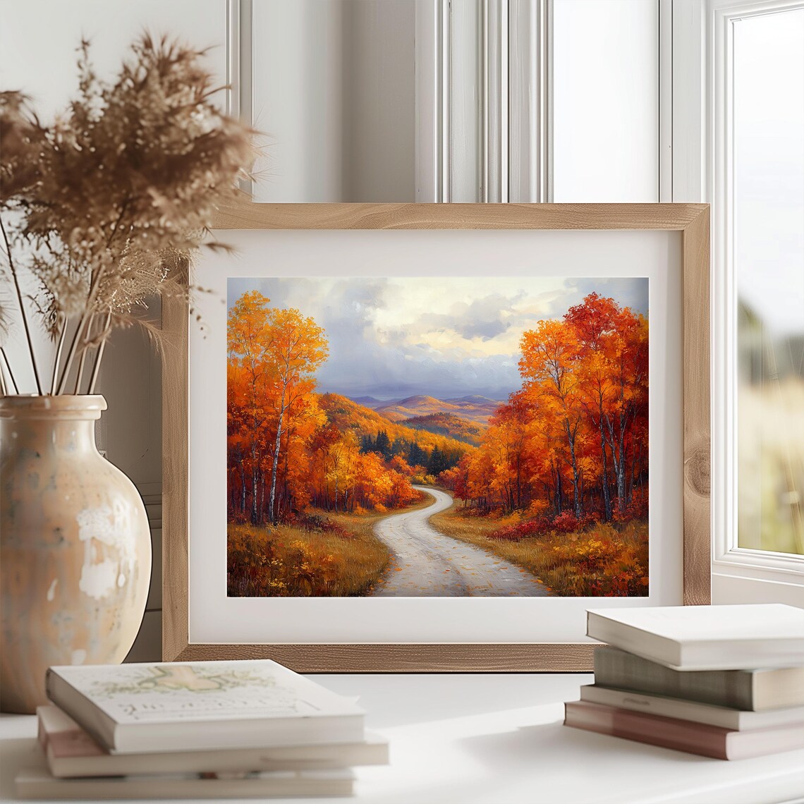 Winding Road Fiery Autumn Forest Mountain Vista Painting Print - Image 2
