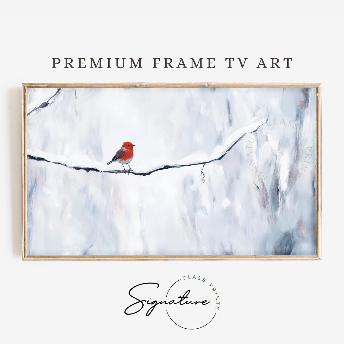 Red Robin on Snowy Branch Minimalist White Winter Bird Poster