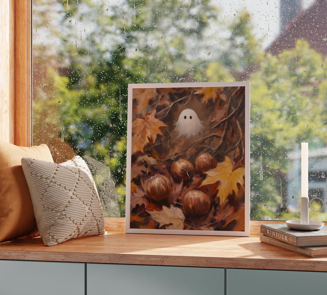 Little Ghost Peeking Through Autumn Leaves and Chestnuts Poster - Image 2