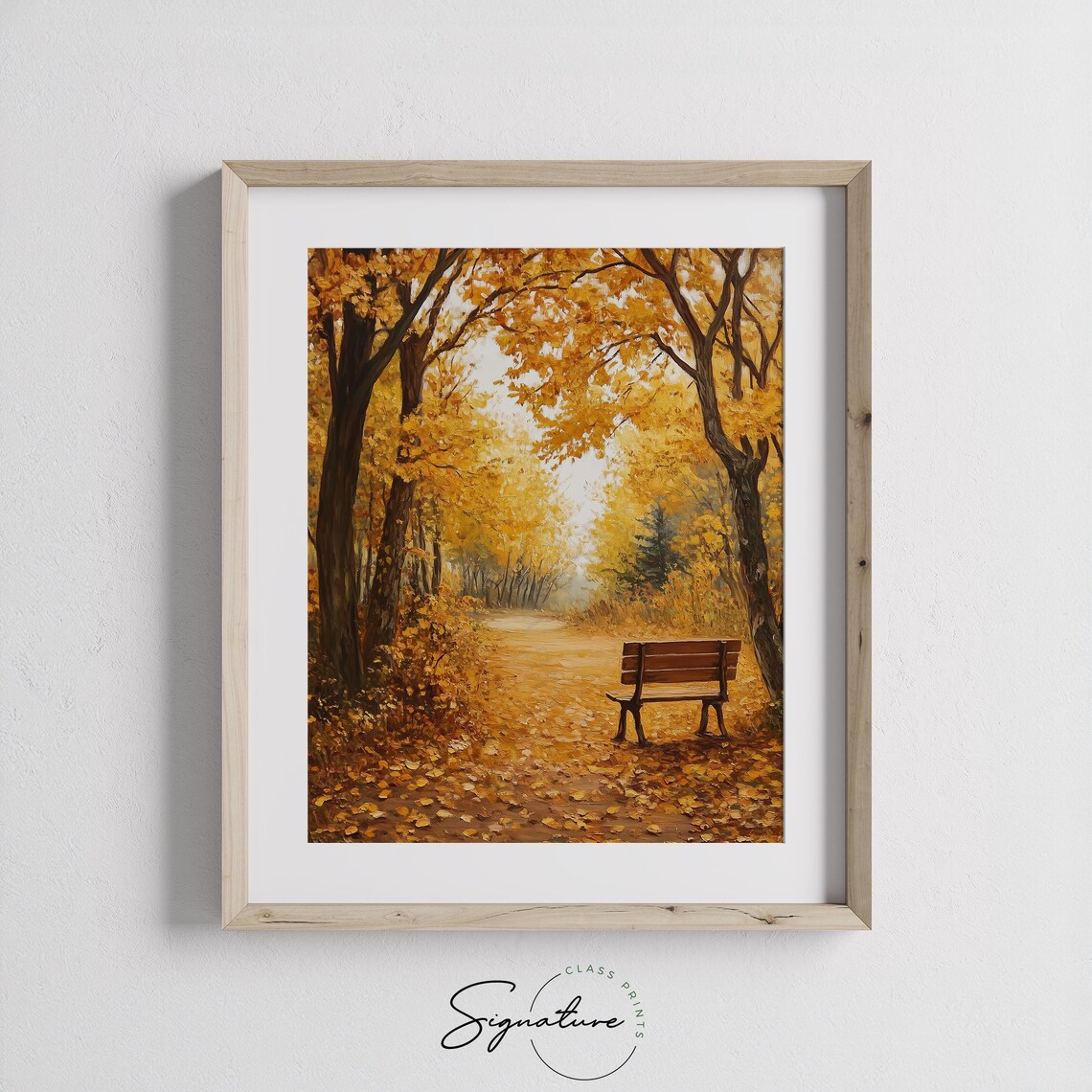 Solitary Wooden Bench Under Golden Trees Autumn Park Scene Art Poster - Image 3