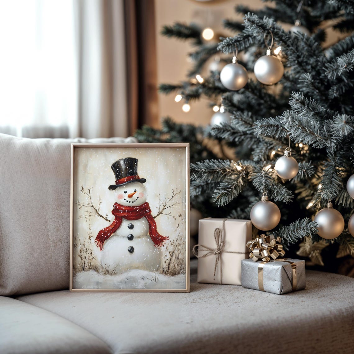 Cheerful Snowman with Red Scarf and Top Hat in Falling Snow Poster - Image 5