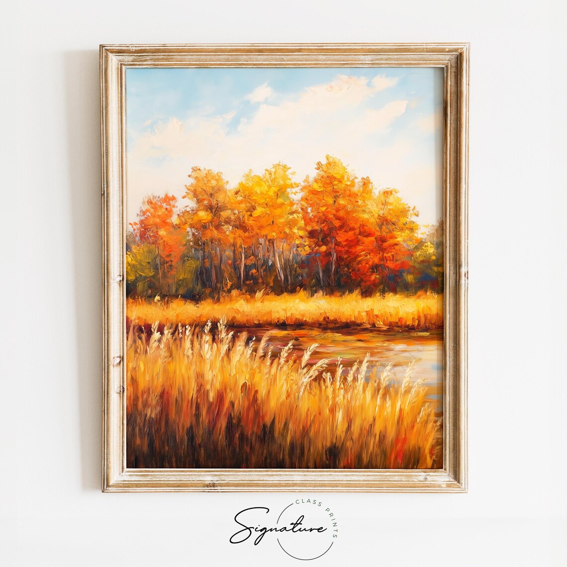 Golden Autumn Trees Reflected in a Calm Lake with Tall Grasses Poster