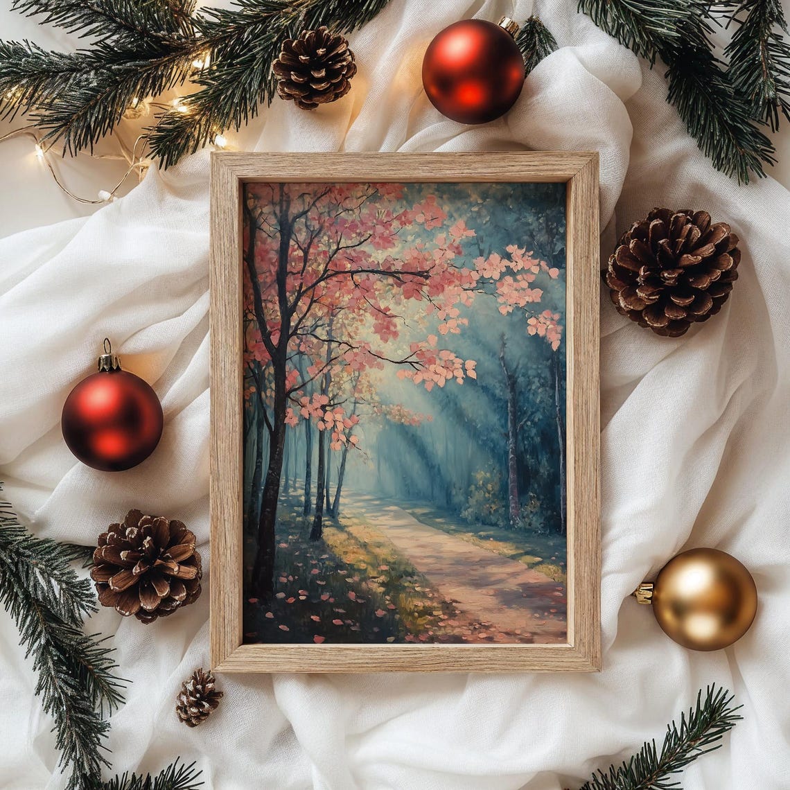 Romantic Pink Blossom Path Sunlit Spring Forest Landscape Poster - Image 4