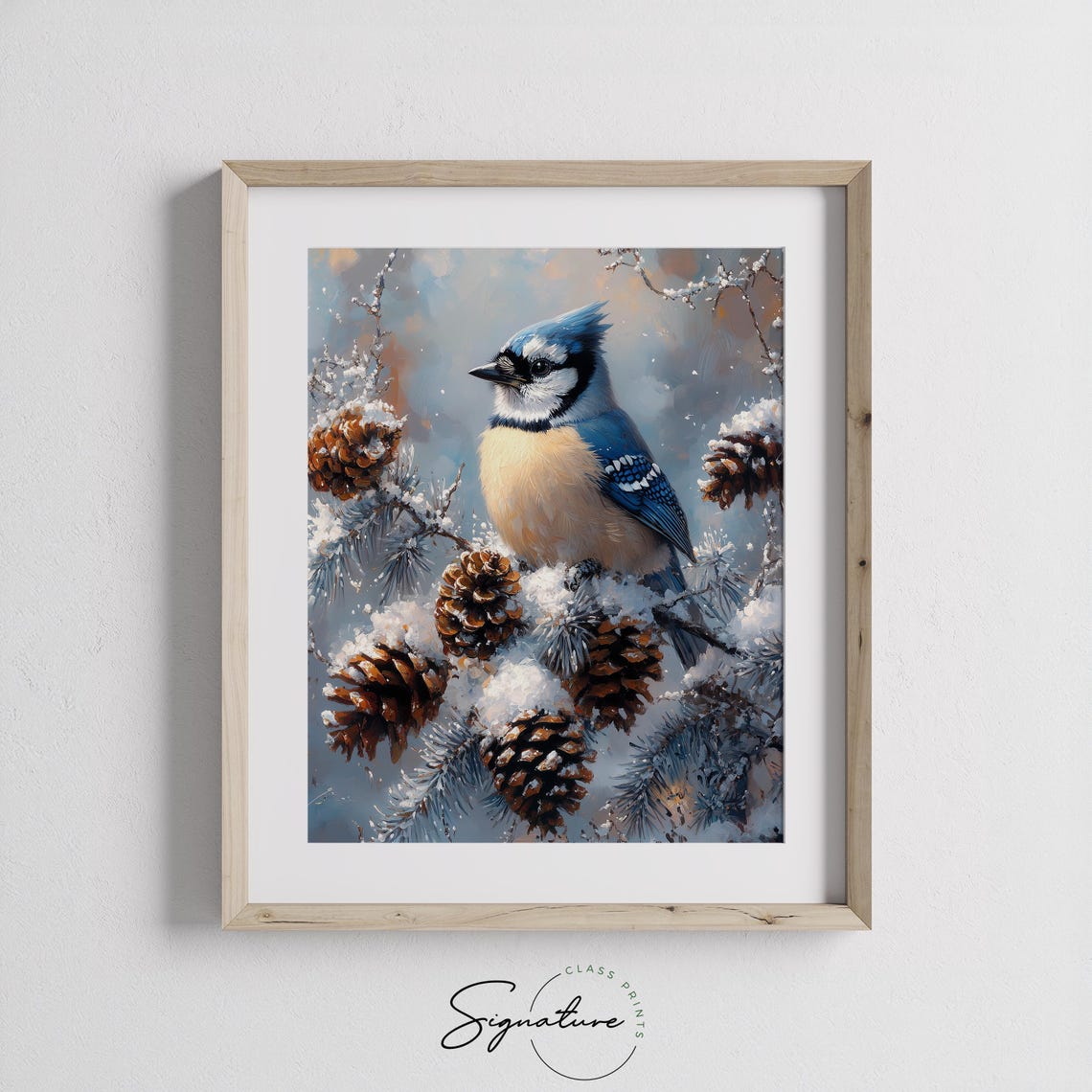 Blue Jay Among Snow Dusted Pinecones Winter Bird Painting Poster - Image 3