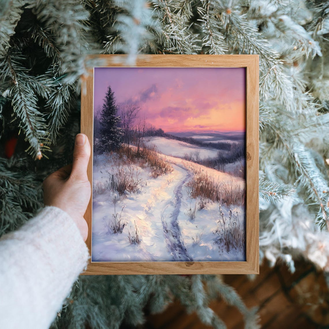 Snowy Path Through Soft Rolling Hills Pink Dusk Landscape Poster - Image 6