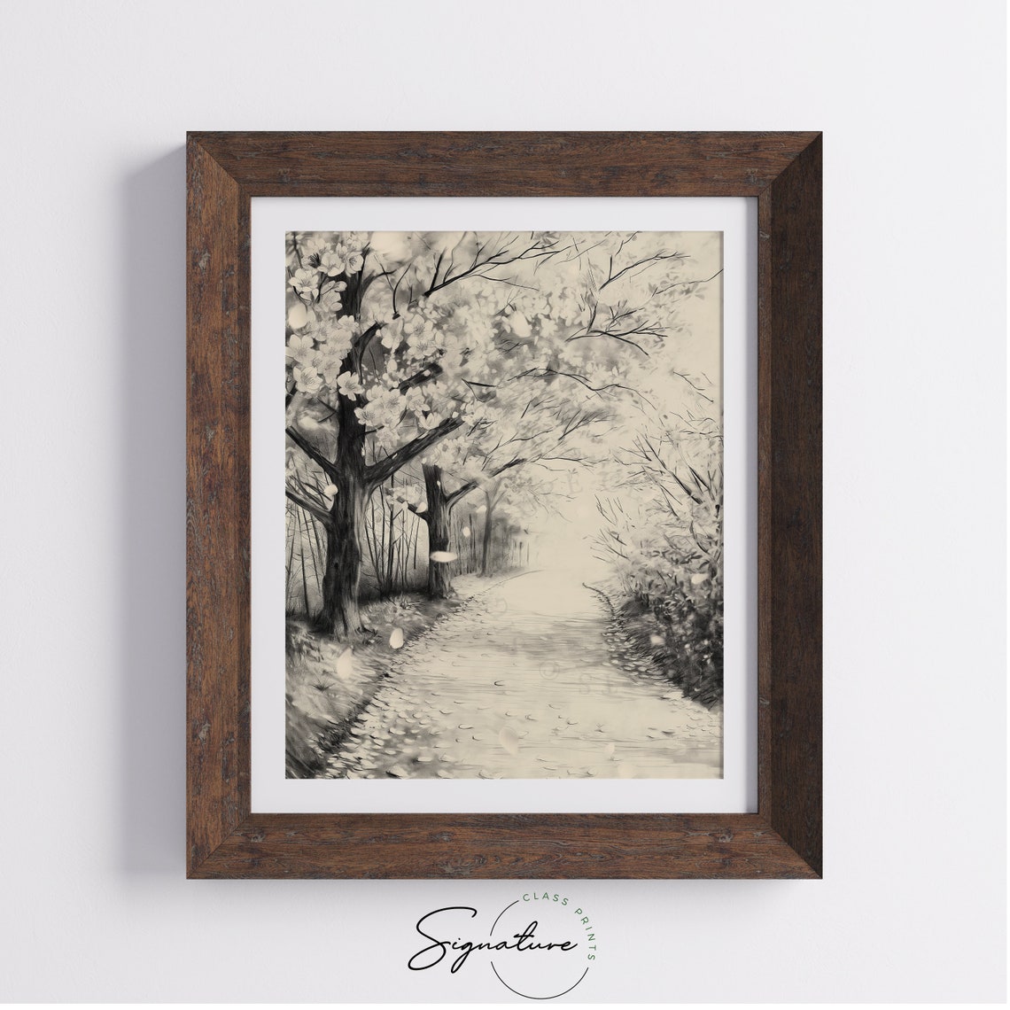 Cherry Blossom Path In Spring Monochrome Watercolor Art Poster - Image 4