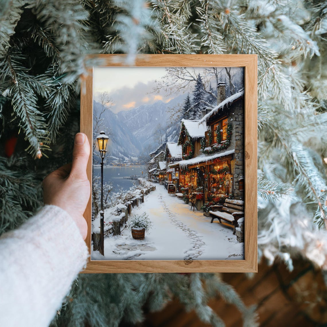 Snowy Lakeside Village At Dusk With Warm Lamp Glow Winter Poster - Image 6