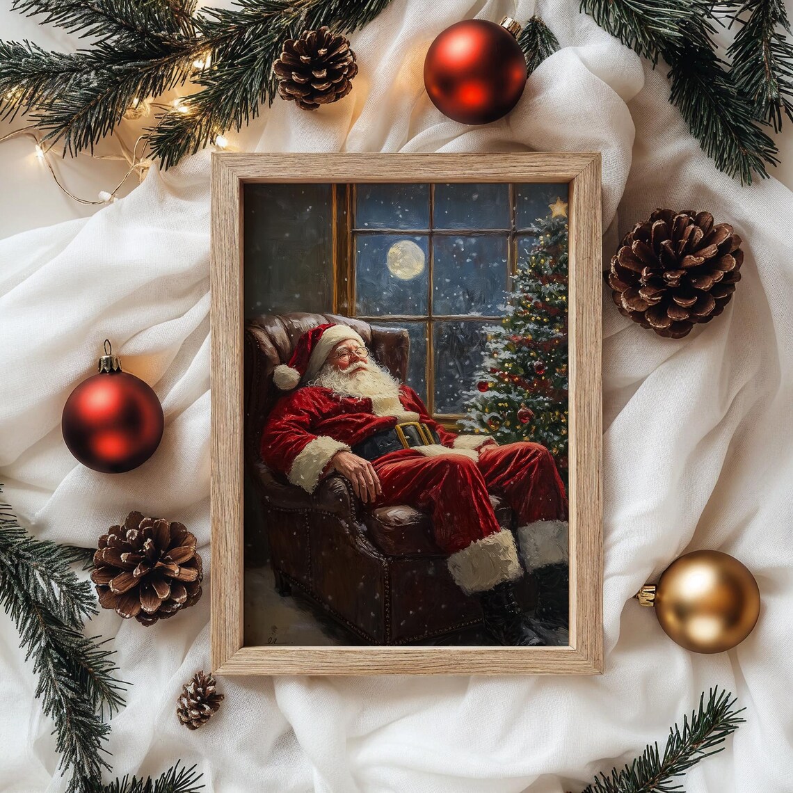 Vintage Oil Painting Of Santa Claus By Fireplace Rustic Christmas Art Cozy Holiday Scene Cottagecore Santa Decor Art 2116 - Image 3