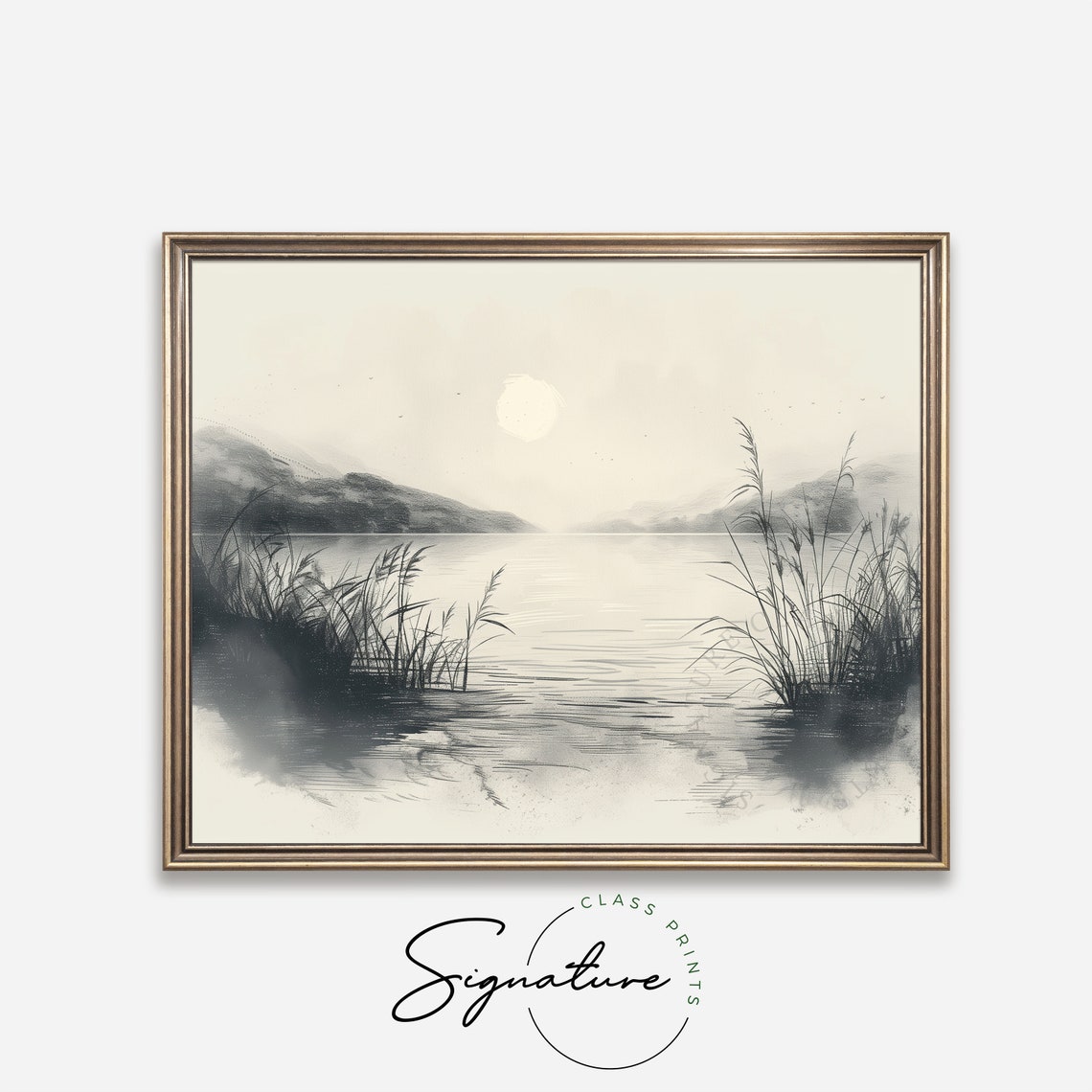 Quiet Lake At Dawn Serene Monochrome Ink Sketch Landscape Poster - Image 4