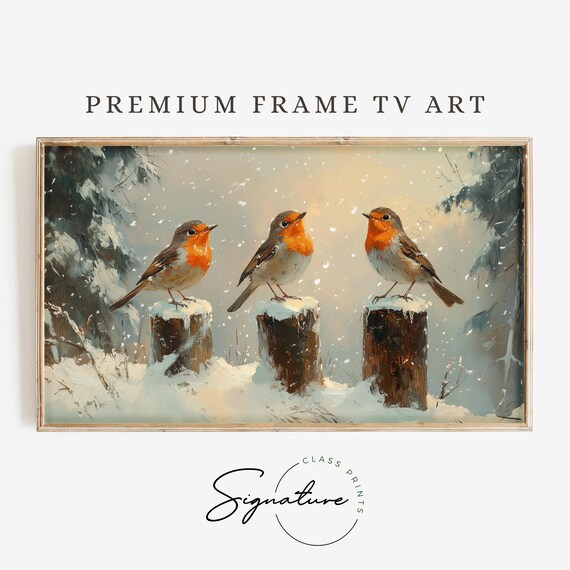 Robins Perched In Snow Tv Art Winter Bird Art Frame Tv Art Moody Nature Landscape Deep Colors Rustic Wall Decor 3405
