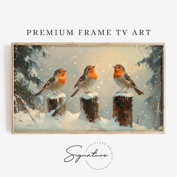 Three Robins On Snowy Posts In Falling Snow Winter Bird Painting Poster