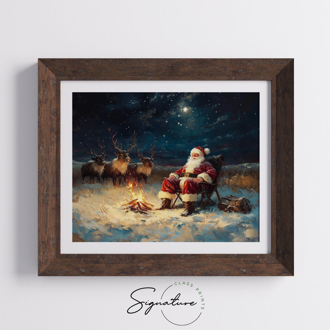 Santa Claus By Campfire With Reindeer Under A Starry Night Poster - Image 5