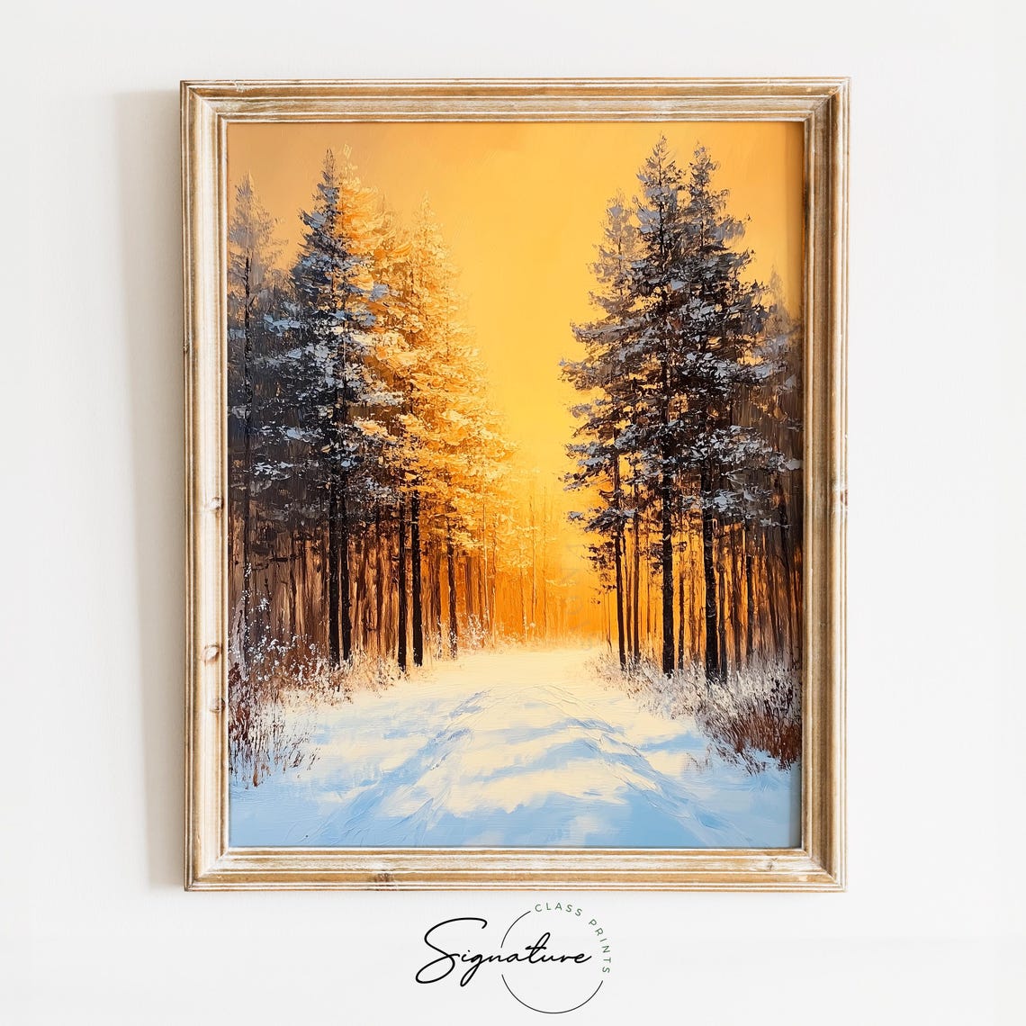 Golden Sunset Light on Snowy Forest Path Winter Scene Poster