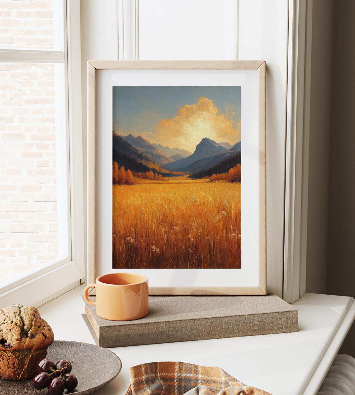Golden Grass Meadow At Sunset Between Majestic Blue Mountains Poster - Image 6
