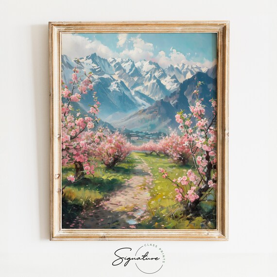 Blossoming Orchard Pink Spring Path Snowy Mountain Valley Poster