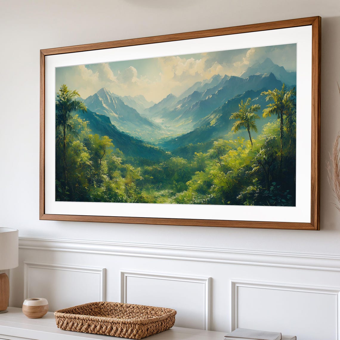 Lush Tropical Green Mountain Valley Palm Trees Misty Peaks Wall Art - Image 2