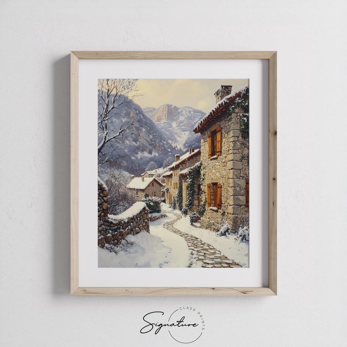 Alpine Stone Village Lane at Sunrise Snowy Mountain Scene Poster - Image 2