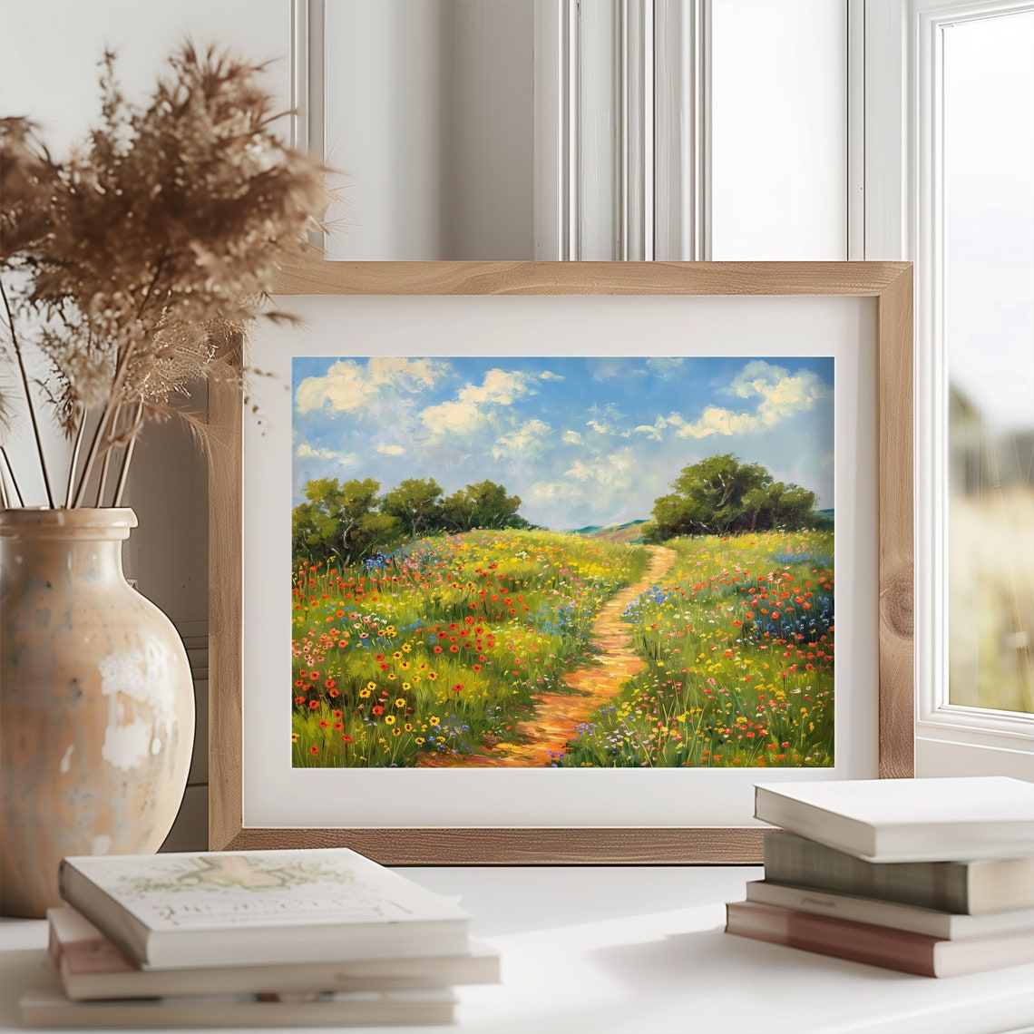 Sunny Wildflower Path Under Blue Sky Impressionist Meadow Poster - Image 2