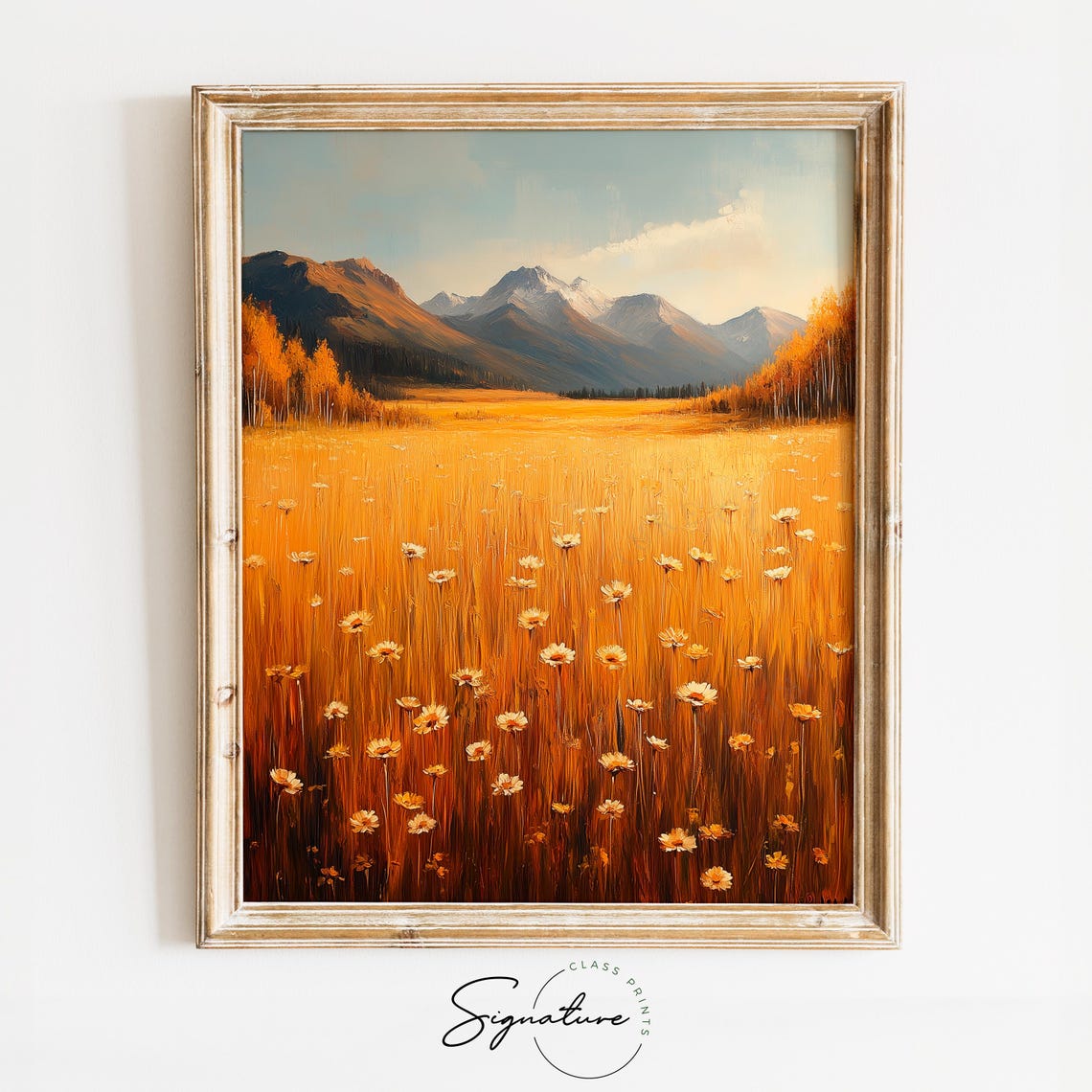 Golden Wildflower Field Mountain Valley Snowy Peak Landscape Print