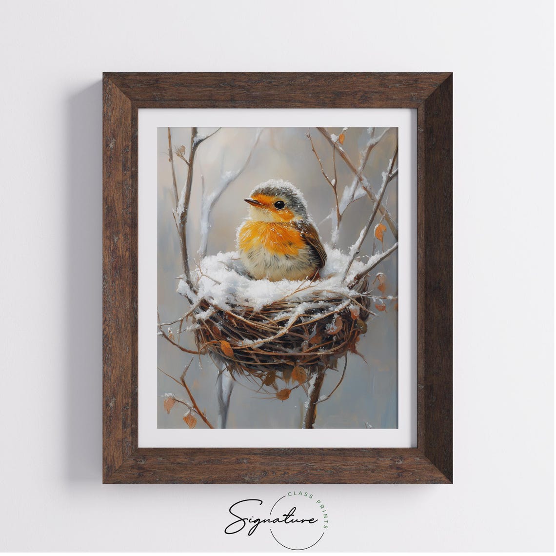 Baby Robin In Snowy Nest With Winter Branches Sweet Bird Art Poster - Image 2