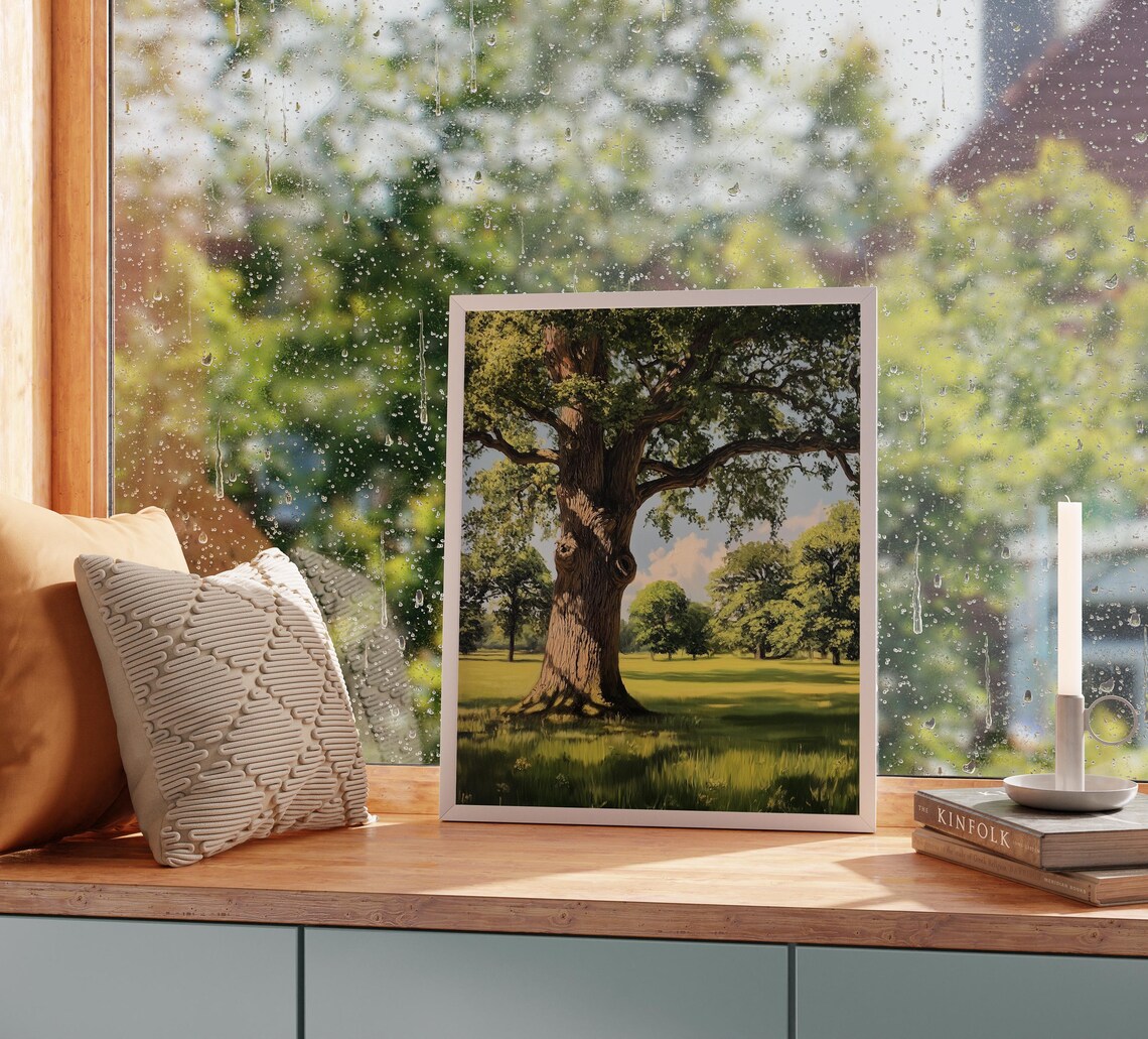 Tranquil Oak Tree Green Meadow Summer Landscape Rustic Countryside Poster - Image 2