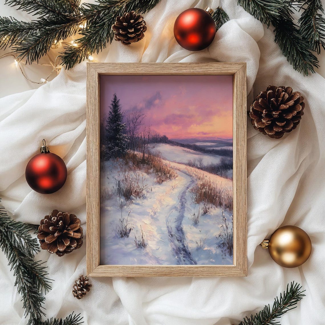 Snowy Path Through Soft Rolling Hills Pink Dusk Landscape Poster - Image 4