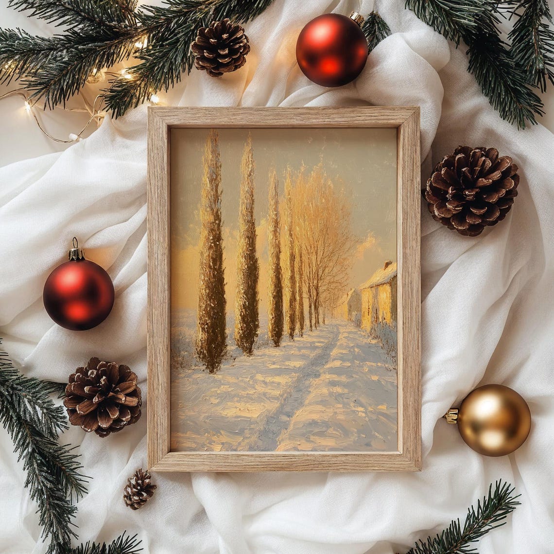 Golden Cypress Lined Snowy Path Winter Countryside Scene Poster - Image 4
