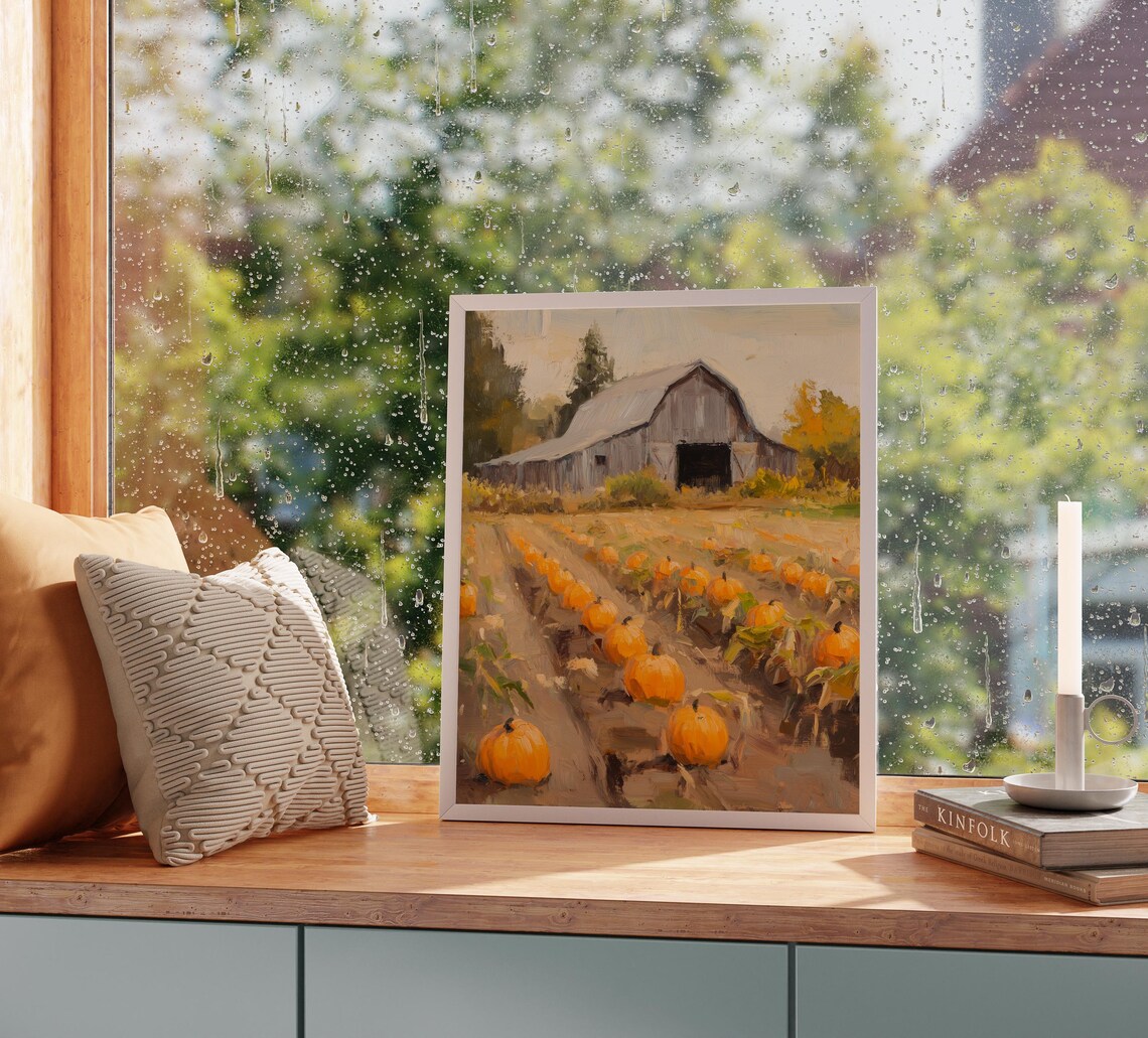Pumpkin Patch Harvest Gray Barn Autumn Season Painting Print - Image 2