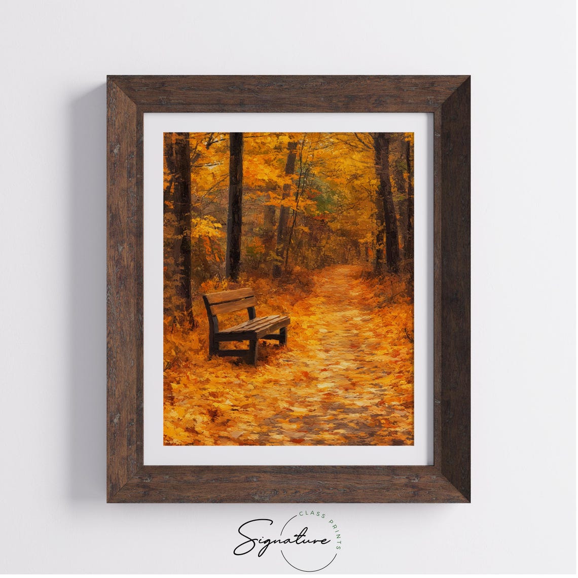 Wooden Bench on a Quiet Autumn Forest Trail Covered in Leaves Poster - Image 4