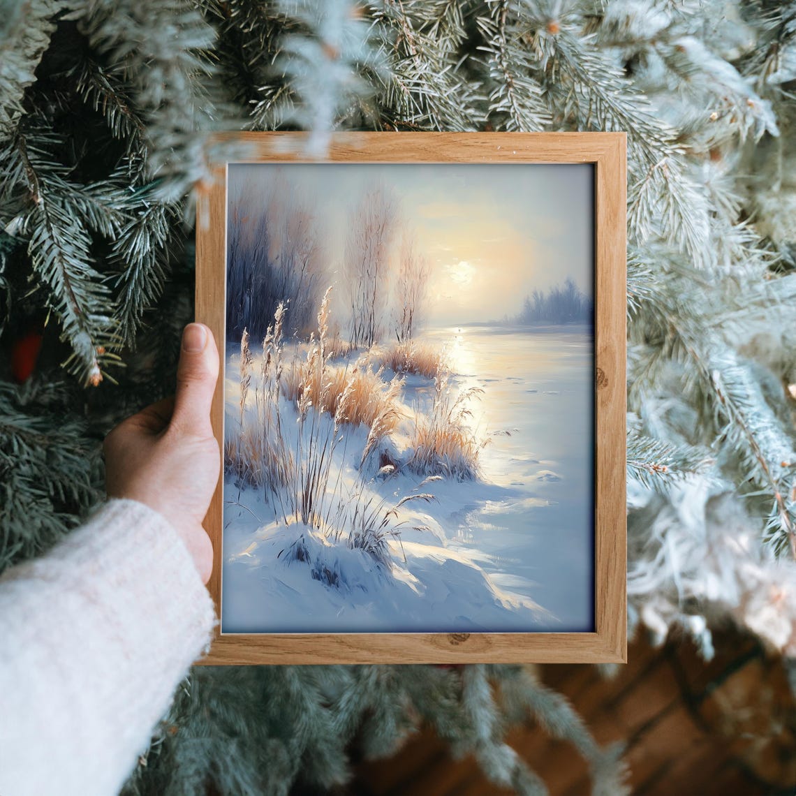 Serene Frosty Meadow Golden Reeds Sunrise Winter Landscape Poster - Image 6