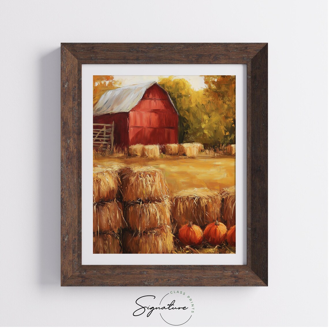 Red Barn Hay Bales Pumpkins Golden Autumn Field Farm Scene Poster - Image 4