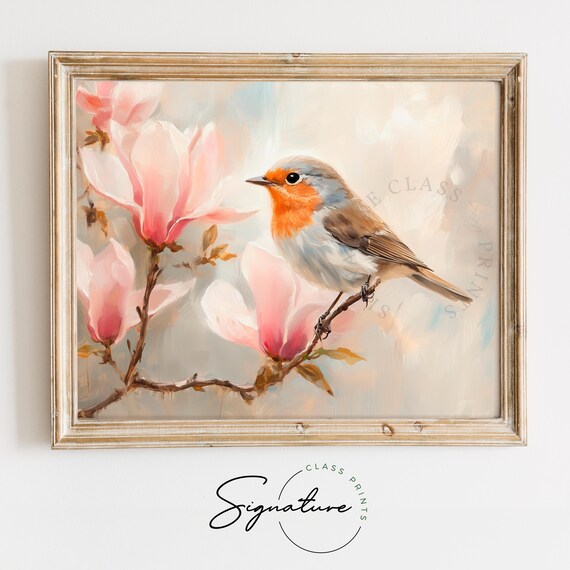 Robin With Pink Magnolia Blooms Soft Vintage Bird Art Poster