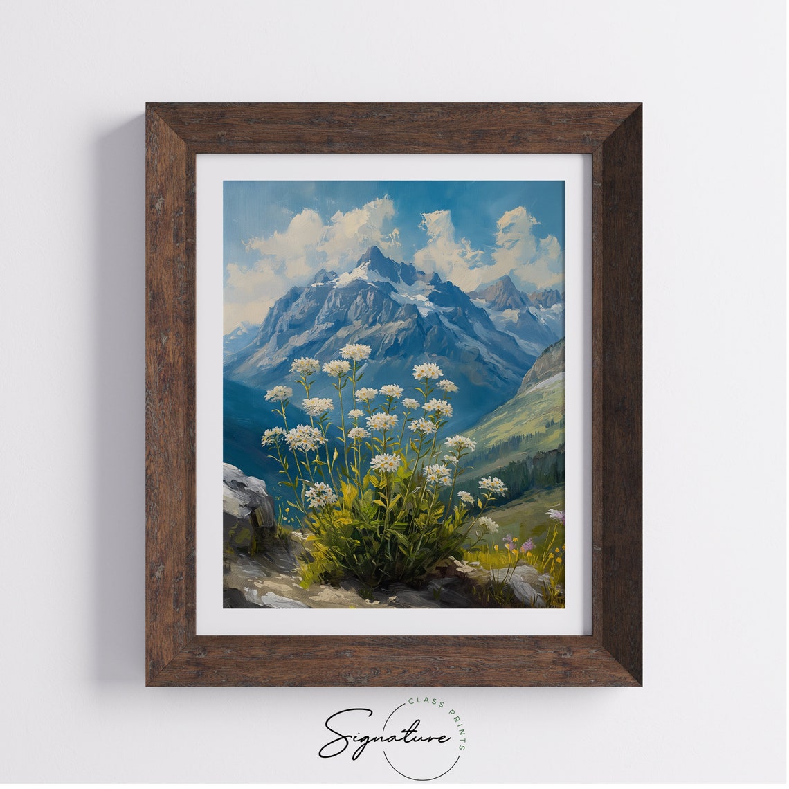 Alpine Meadow Edelweiss Blossoms Wildflower Rocky Snowy Peak Poster - Image 4