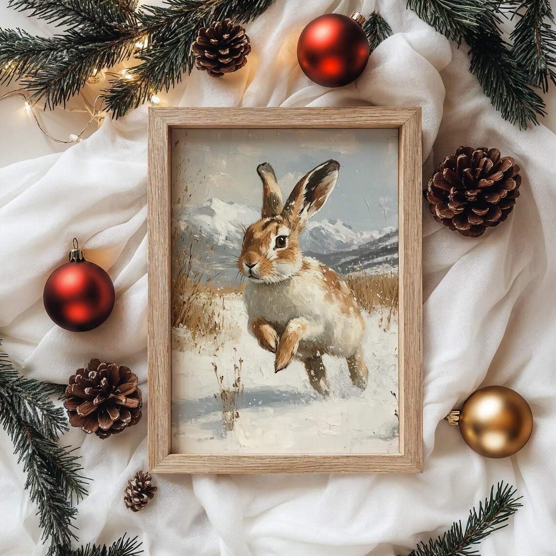 Hare Running Snow Mountain Winter Wildlife Woodland Animal Painting Poster - Image 4