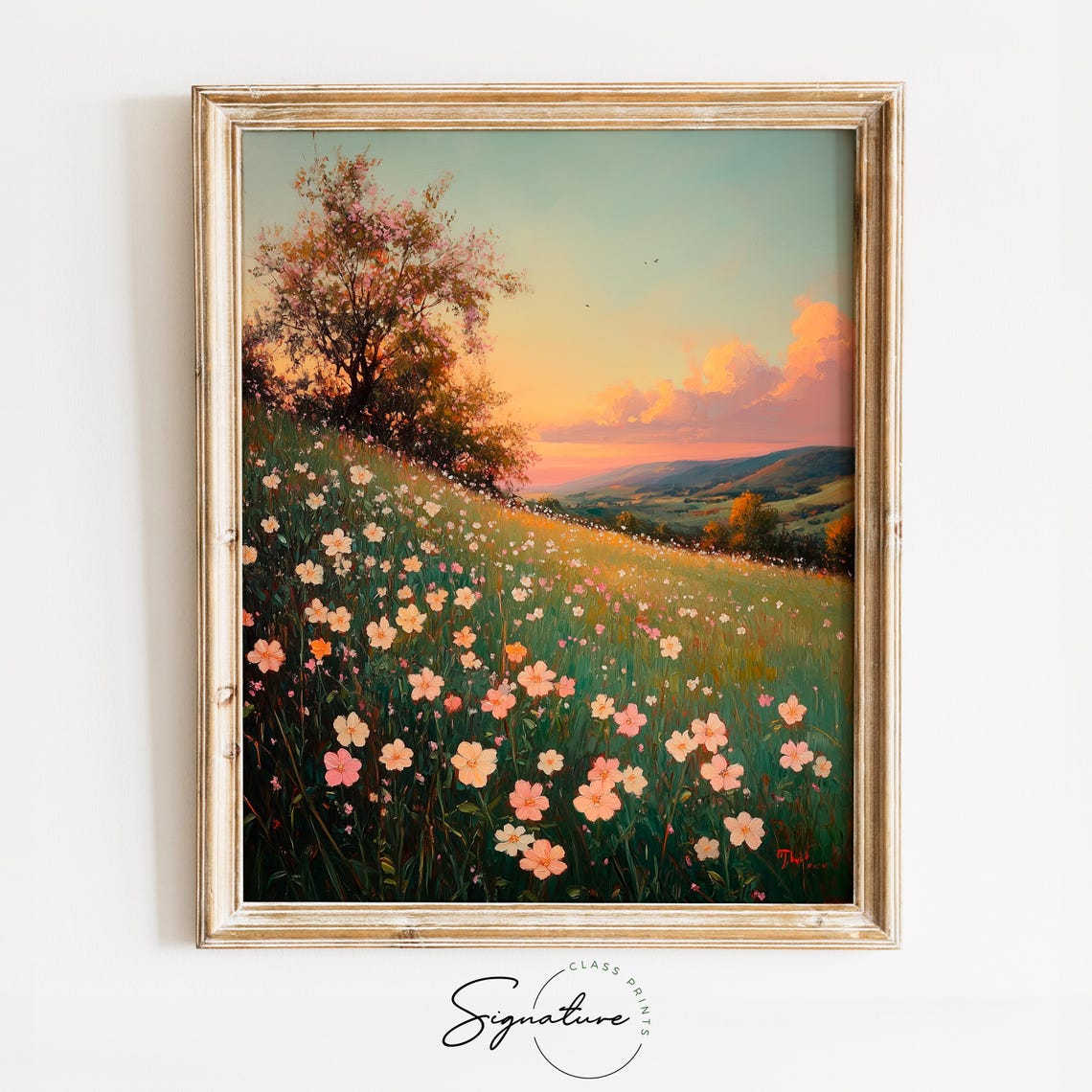 Blooming Wildflower Meadow At Sunset Over Rolling Hills Wall Art
