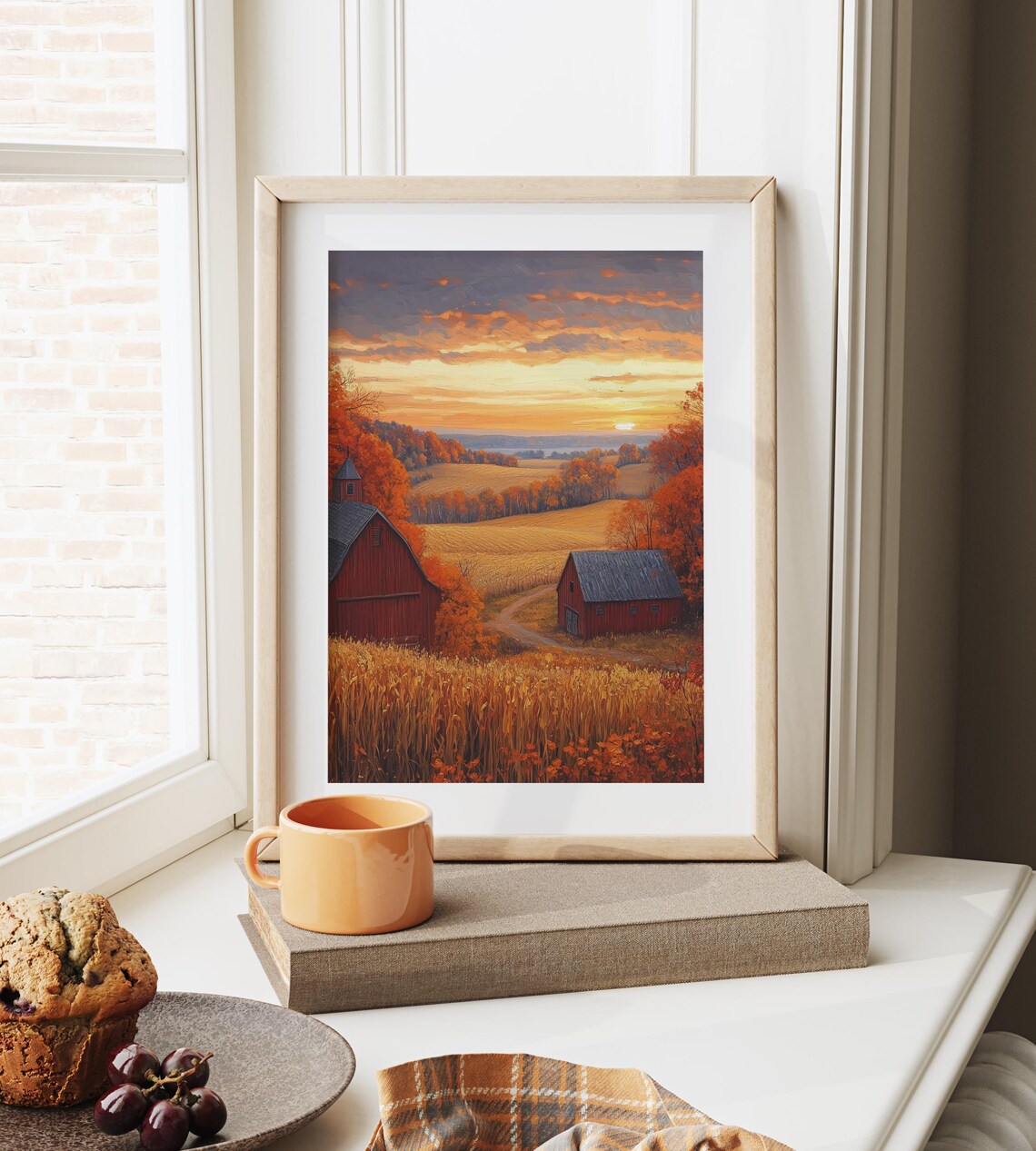 Two Red Barns in Golden Fields Under Blazing Autumn Sunset Sky Wall Art - Image 6